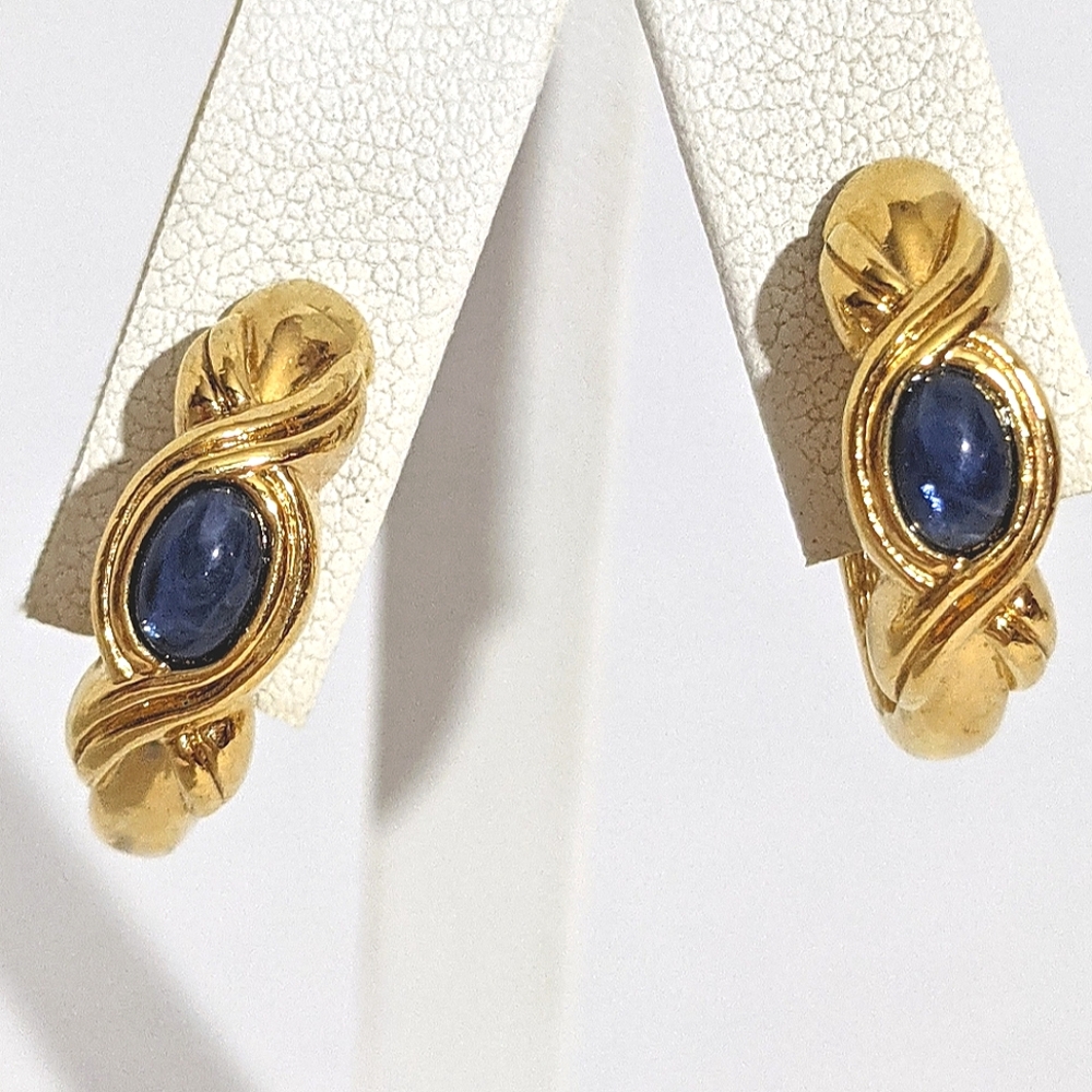 Vintage 80's Gold & Blue Hoop Clip Earrings